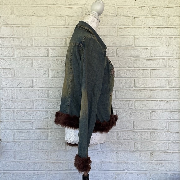 Vintage Spiegel Embroidered  Denim Jacket with Faux Fur Collar and Cuffs - Picture 11 of 12